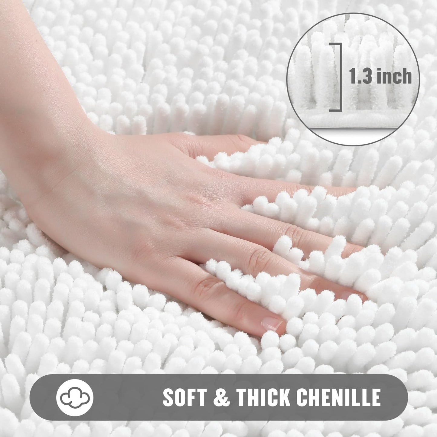 MitoVilla White Bathroom Rugs - Soft Chenille Small Bath Mats for Shower, Tub, Non Slip Thick Washable Plush Bath Rugs, Modern Absorbent Shower Bathroom Floor Mat, 17" x 24"