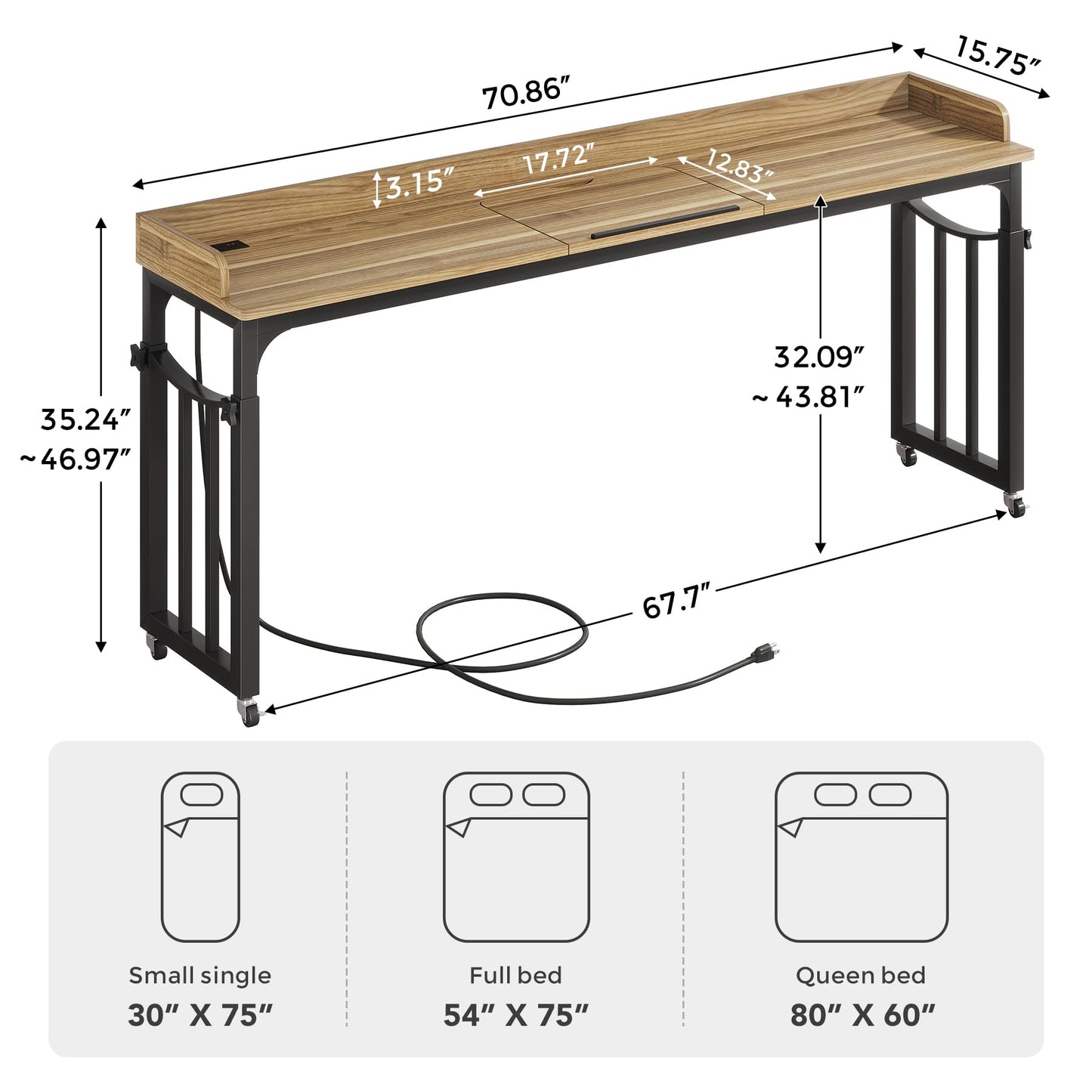Condemo Overbed Table with Wheels and Height Adjustable, 71 inch Queen Size Bed Table with Adjustable Tilt Board, Mobile Laptop Cart Computer Desk with Outlets & USB Ports, Light Brown