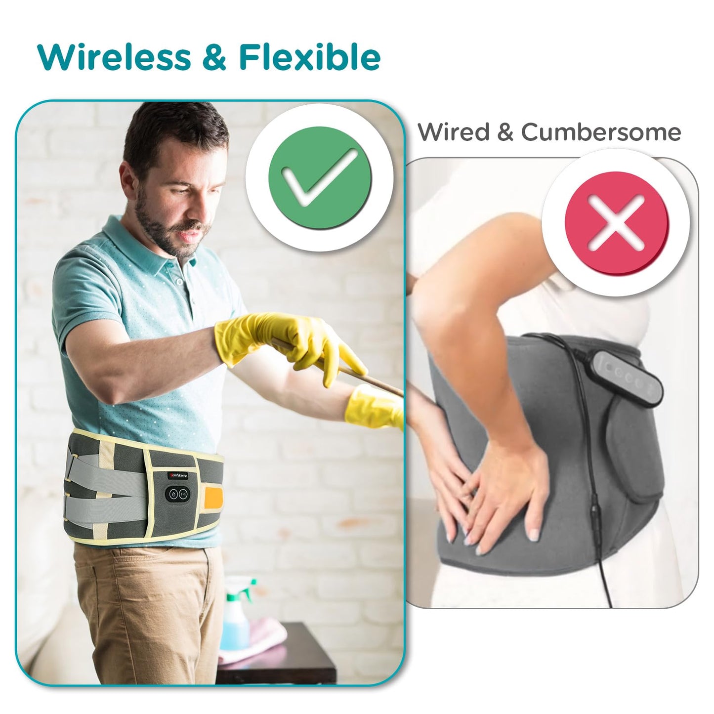 Comfytemp Cordless Heating Pad with Massager for Back, Portable Lower Back Massager FSA Eligible HSA Rechargeable Wireless Electric, Birthday Gifts for Women Men Mom Dad Seniors 30Auto-Off Grey Yellow