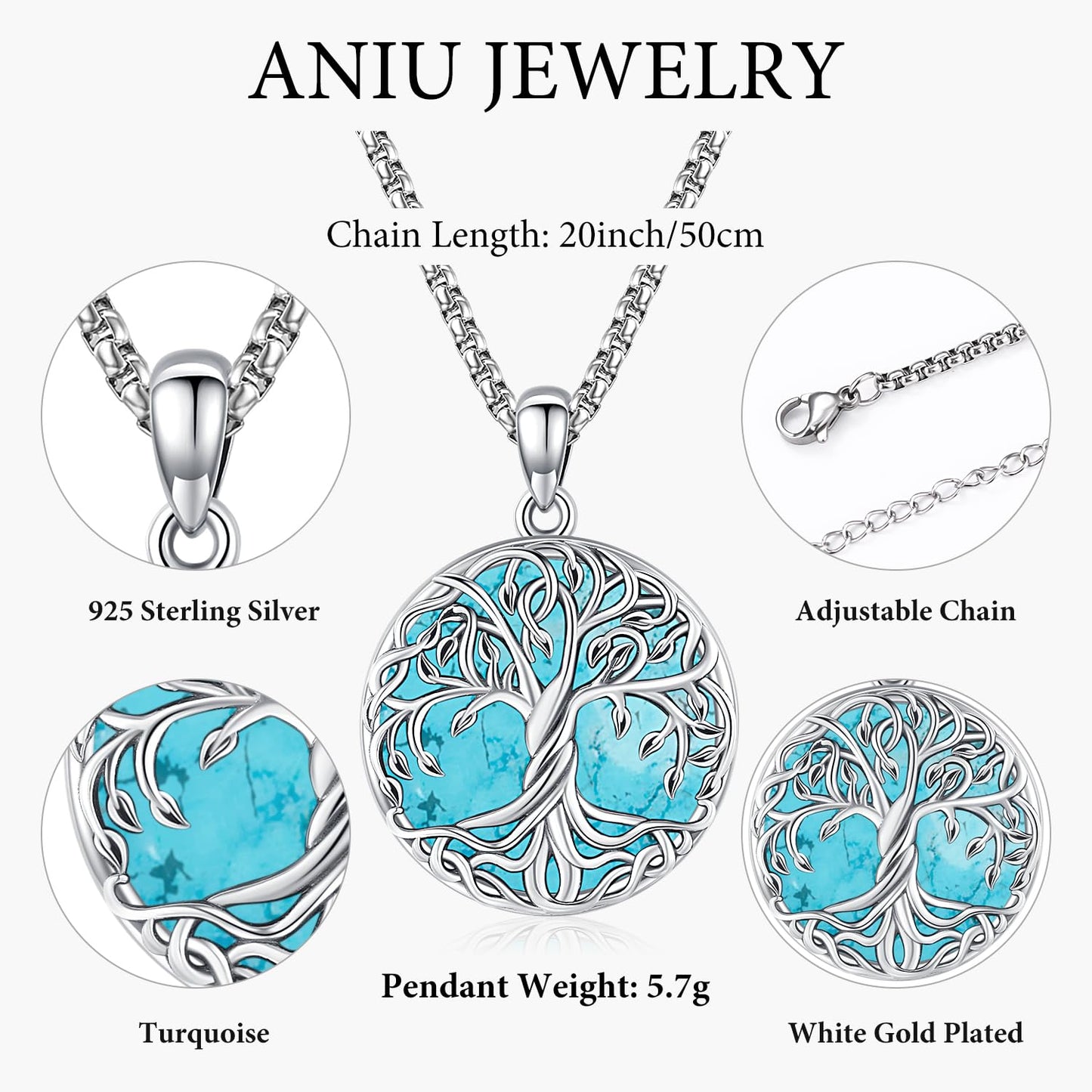 Aniu Tree of Life Necklace for Women, 925 Sterling Silver Celtic Family Tree Charm Pendant Turquoise Jewelry for Birthday Christ