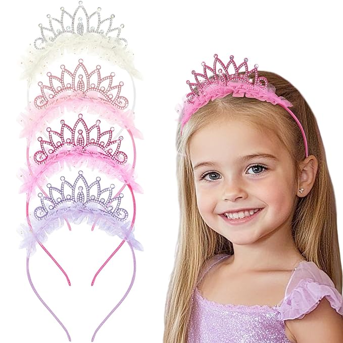 OAOLEER 4 PCS Princess Crown Headbands for Girls, Rhinestone Tulle Hairbands for Girls Toddler Tiara Crown Hair Accessorie...