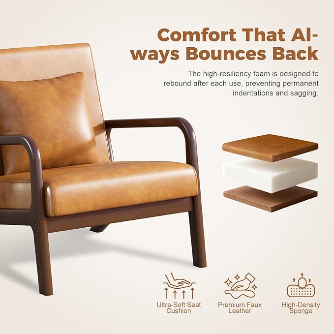ELUCHANG Mid-Century Modern Chair,Upholstered Accent Chair Reading Arm Chair with Cushion & Lumbar Pillow & Solid Wood Frame for Lounge, Living Room, Bedroom, Office, Brown-PU Leather, 2PCS