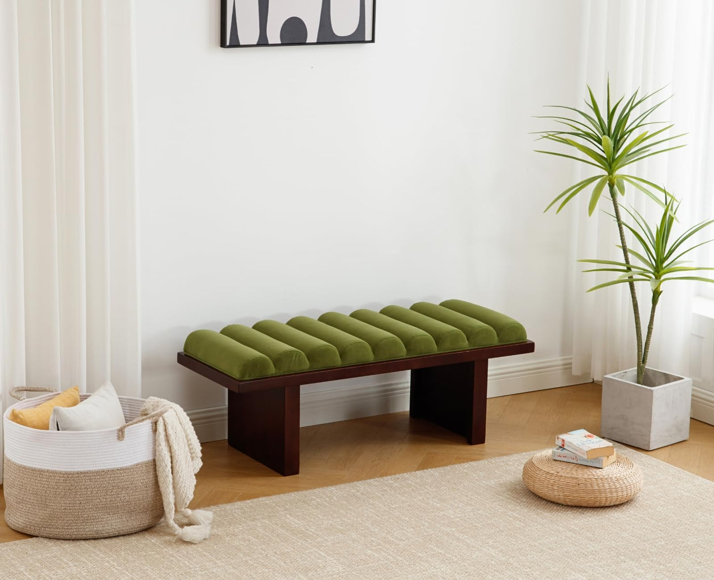 ROCITY Green Velvet End of Bed Bench Upholstered Modern Ottoman Bench Comfy Padded Entryway Bench Seat with Thick Cylindrical Cushion, Wooden Window Bench for Bedroom/Living Room, 47 Inch