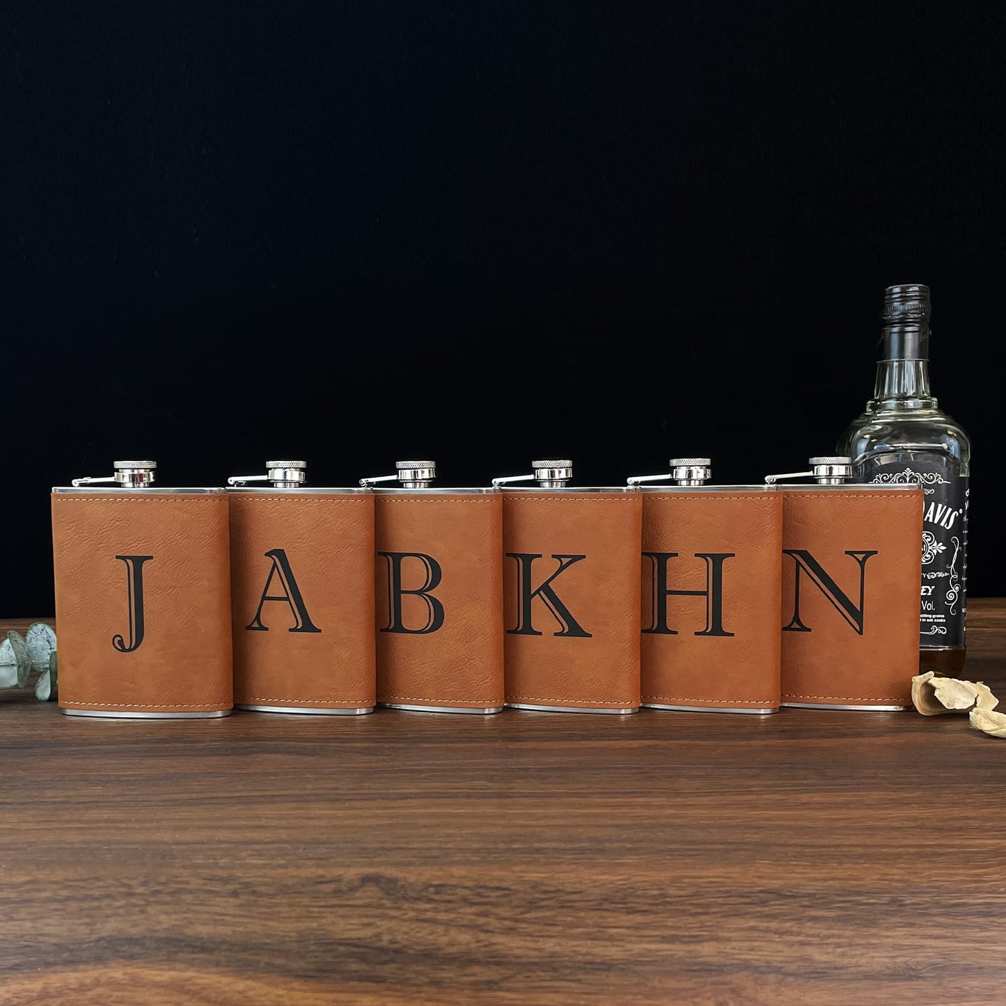 CARAKNOTS Hip Flasks for Liquor for Men Leather Drinking Whiskey Flask with Initials Engraved Stainless Steel with Funnel 8 OZ Personalized Christmas Birthday Gifts for Dad Him Letter T