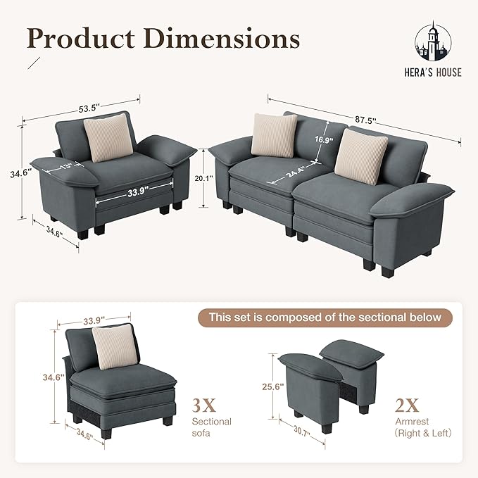 HERA'S HOUSE 2 Pieces Modular Sectional Sofa Sets, Oversized Couch Set with Loveseat and Armchair, Comfy Cloud Couches with Throw Pillows, 3-Seater Deep Seat Sofa for Living Room, Chenille Blue