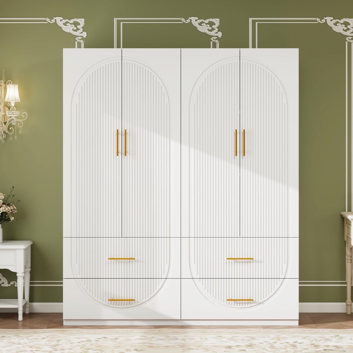 Keloyid Wardrobe Armoire Closet with 4 Door, 3 Shelves, 4 Drawers and 1 Hanging Rods, Wooden Closet Storage Cabinet for Bedroom, White