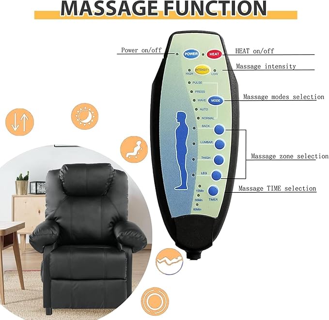 KCREAM Faux Leather Recliner Chair with Massage and Heat, Mid Century Overstuffed Manual Reclining Chair, Massaging Push Back Recliner Chair Single Sofa for Living Room, Black