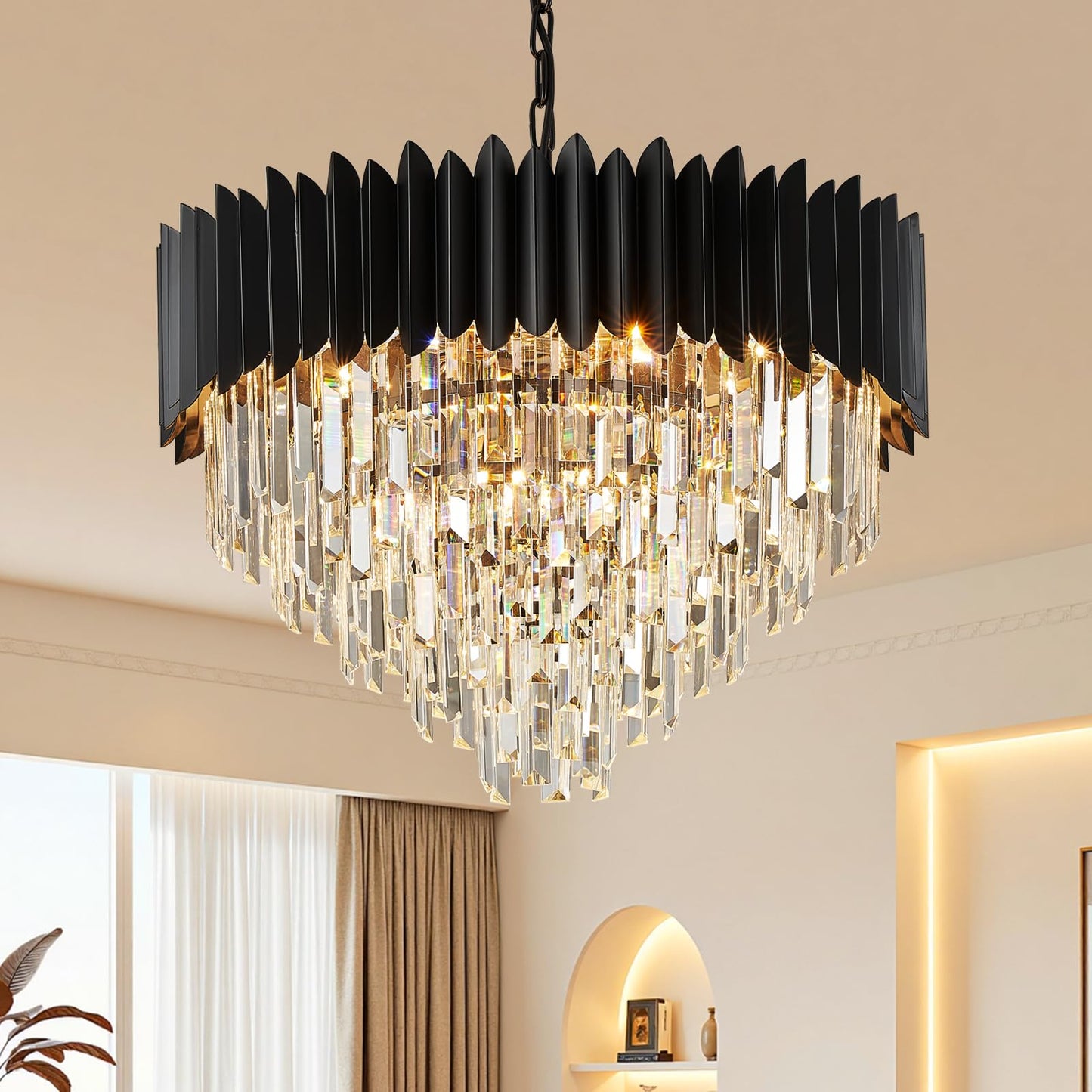 YOLIZUOT Black Crystal Chandelier 24'' K9 Crystal Round Pendant Lights Adjustable 5-Tier Large Modern Crystal Chandelier Light 10-Lights for Dining Room Living Room Kitchen Foyer Entryway