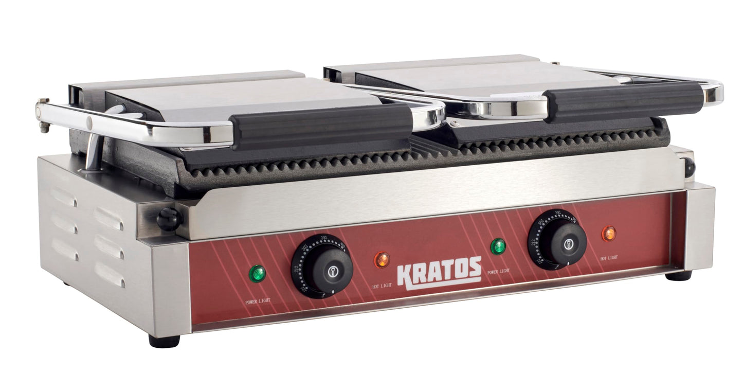 Kratos Commercial Electric Panini Sandwich Grill with Grooved Plates, 18.7" x 9" Cooking Surface, Commercial Countertop Panini Press, 120V, 3500W (29Y-023)