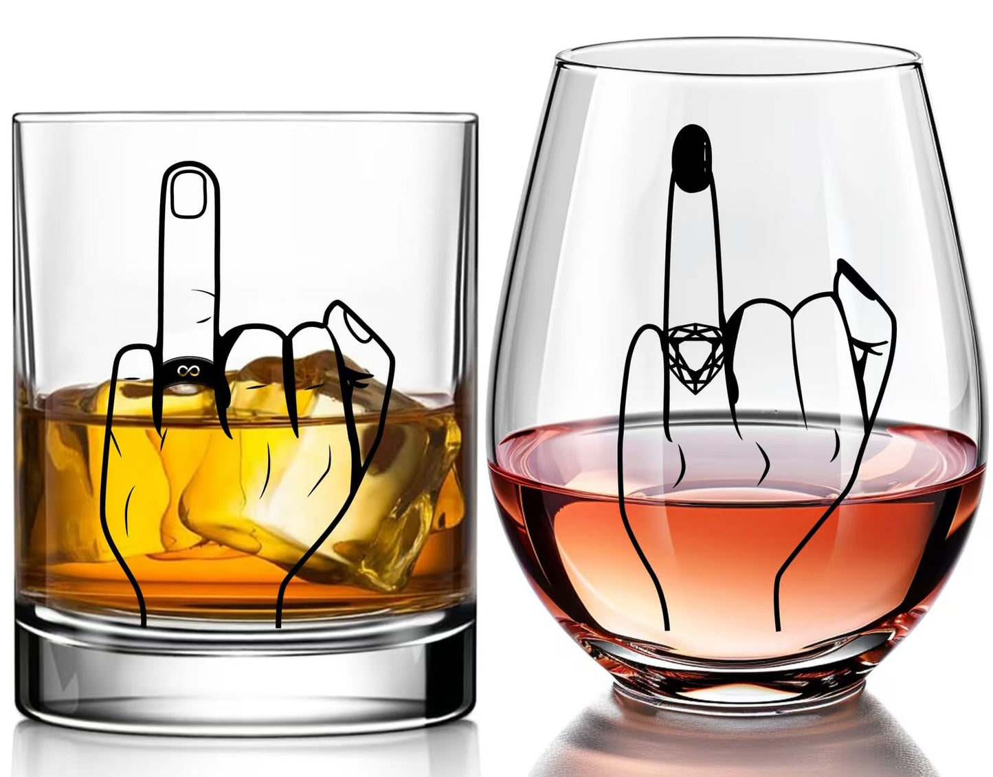 Funny Engagement Gift for Couples – Ring Finger Wine and Whiskey Glass Set – Cool Bridal Shower/Wedding/Bachelorette Gift for Bride and Groom, Newlyweds, Bridal Shower, Just Married,Mr and Mrs