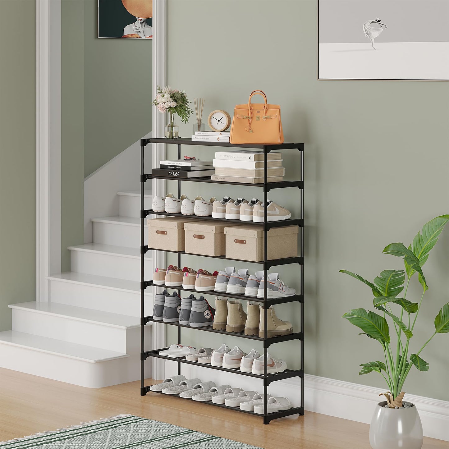 Calmootey 8-Tier Shoe Rack, Tall Large Capacity 40 Pairs Shoes Storage Organizer, Stackable Wide Shoe Shelf for Entryway, Hallway, Black