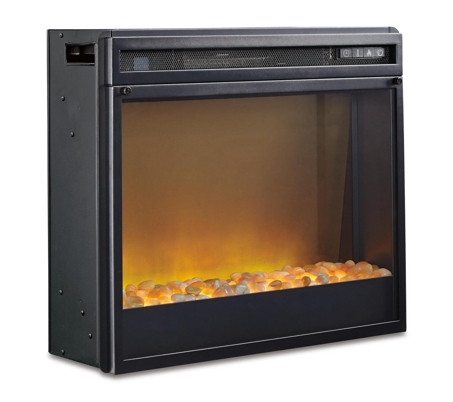 Signature Design by Ashley 24" Electric Fireplace Insert with LED, Heat or No Heat, Remote Control, 6 Temperature and 5 Brightness Settings, Faux Glass Crystals or Stones, Heats Mid-Size Room, Black
