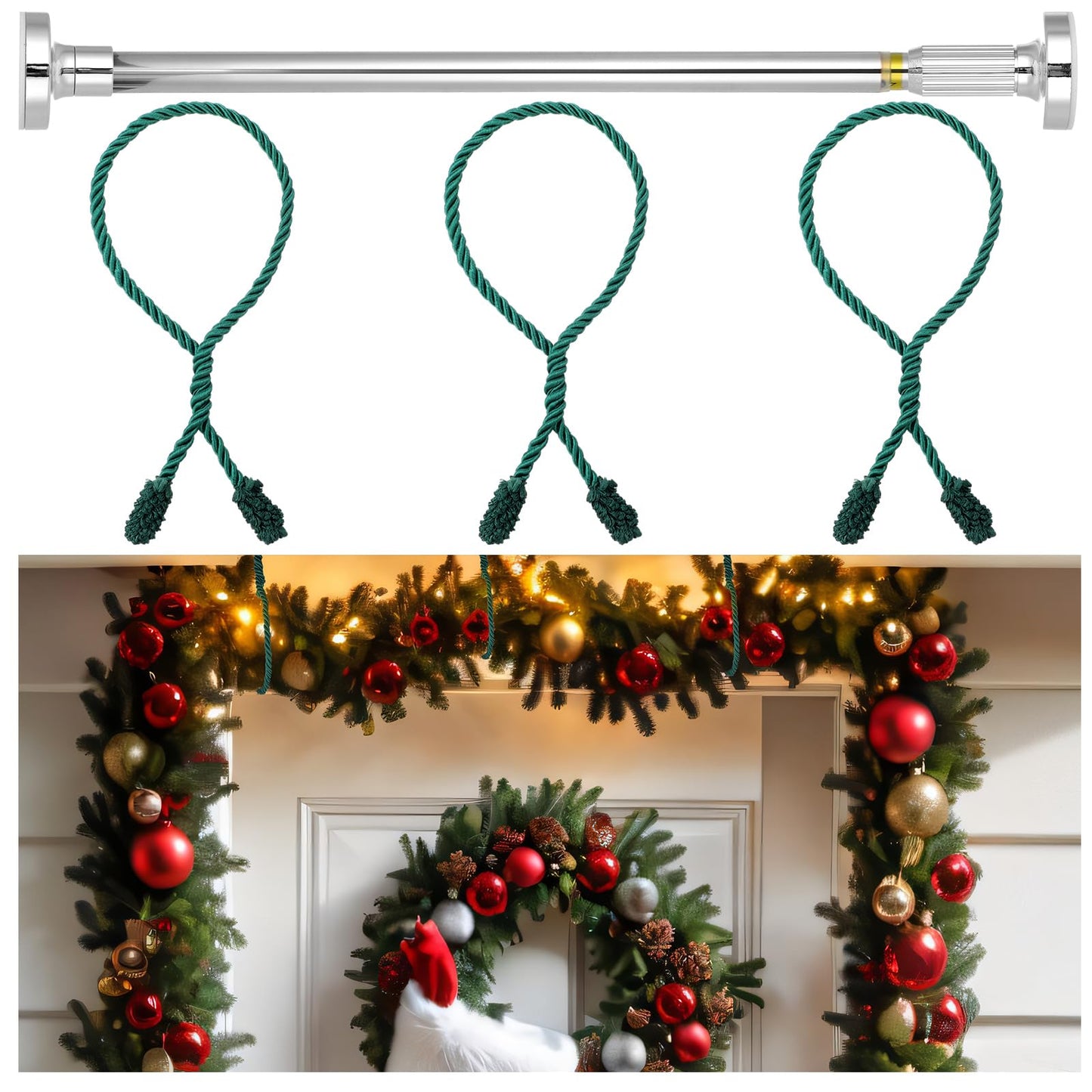 Leinuosen Christmas Front Door Garland Hanger 43-74 Inch Adjustable Christmas Wreath Hanger Stainless Steel Retractable Rod with 3 Green Tie Ropes No Nails Screws No Damage for Xmas DIY Hanging Decor