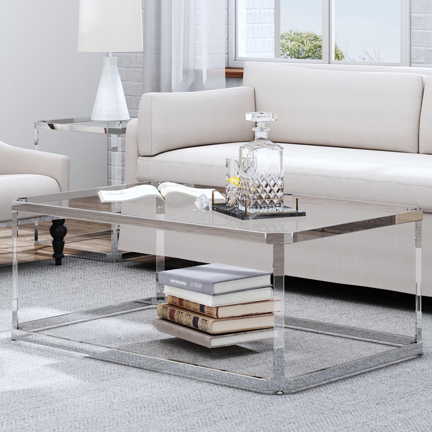 MINPINSER Glass Coffee Table, Clear Coffee Table with 2 Tiers, Acrylic Leg, Chrome Frame, Rectangular Center Table for Living Room (Chrome-New)