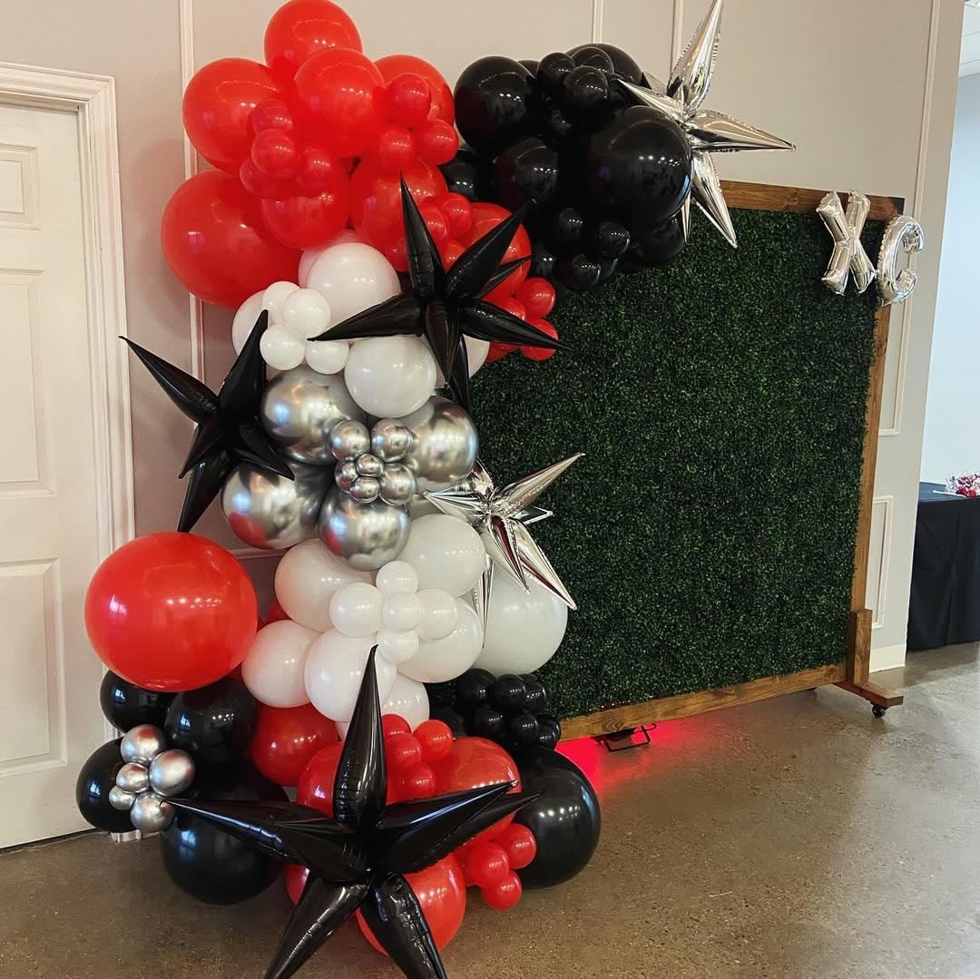 PTGOLUO 153Pcs Red and Black Silver Balloons Garland Arch Kit with Stars -22 18 12 10 5 inch Different Size Red Black Metallic Silver Balloon for Birthday Graduation Racing Car Poker Party Decorations