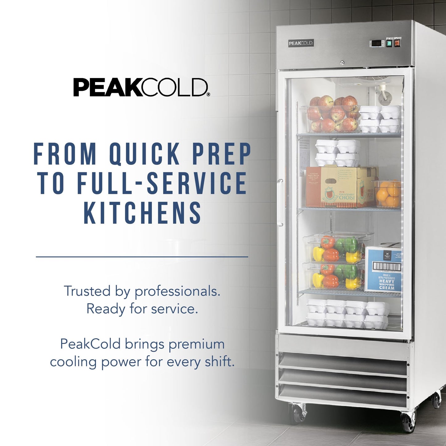 PEAKCOLD Single Glass Door Commercial Refrigerator - 23 Cubic Ft, 29" Wide Stainless Steel Reach-In Commercial Refrigerator with White Internal Lighting - Freestanding Industrial Fridge