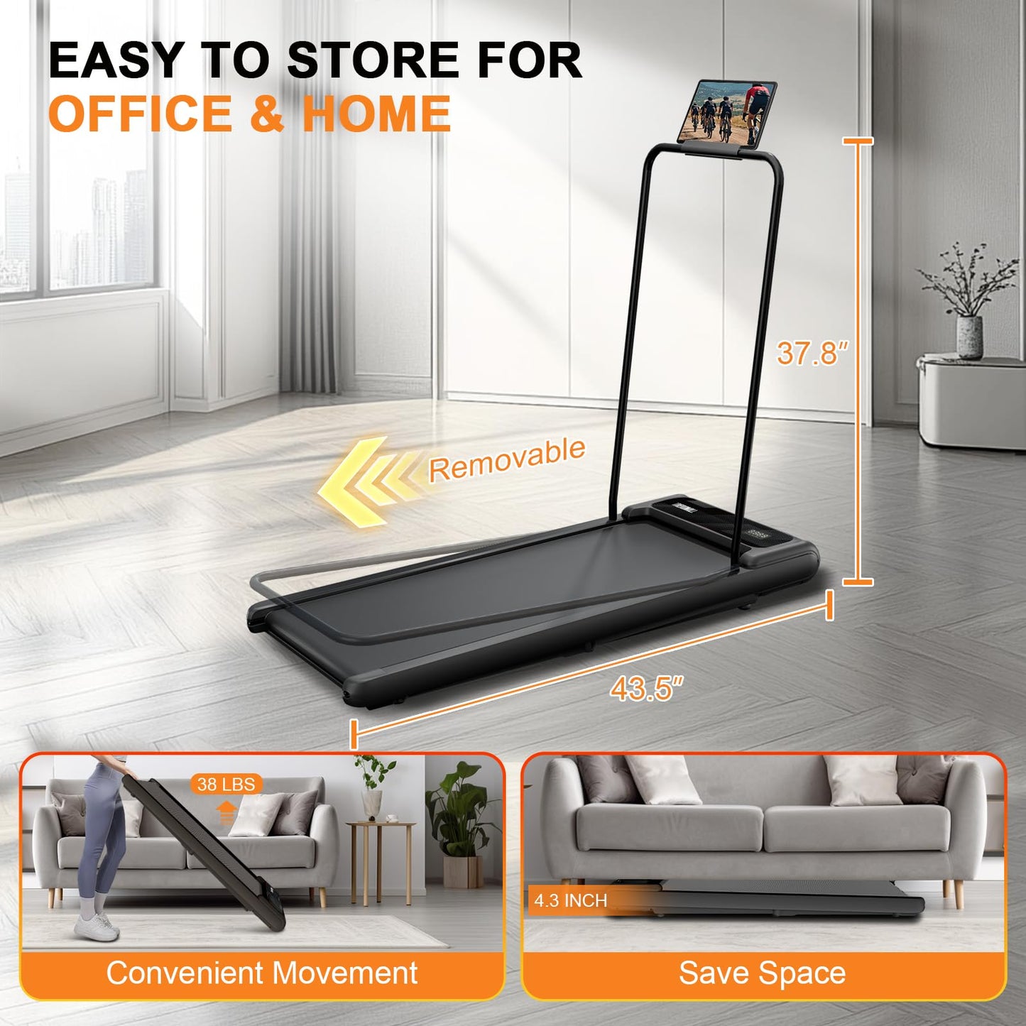 Canisflax Walking Pad with Handle Bar, 2.5HP Treadmill with Handle, Portable Under Desk Treadmill for Home Office Use, Adjustable Incline, Large LED Display, Remote Control, Grey