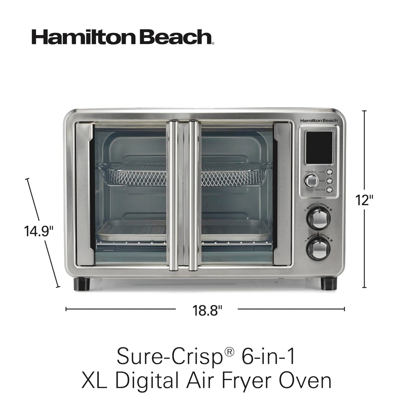 Hamilton Beach Sure Crisp 6-in-1 XL Digital Air Fryer Toaster Oven Combo, With Easy-Access French Doors, Bake, Broil, Toast, Pizza & Reheat Functions, 0.9 cu. ft. Capacity, Stainless Steel (31191)