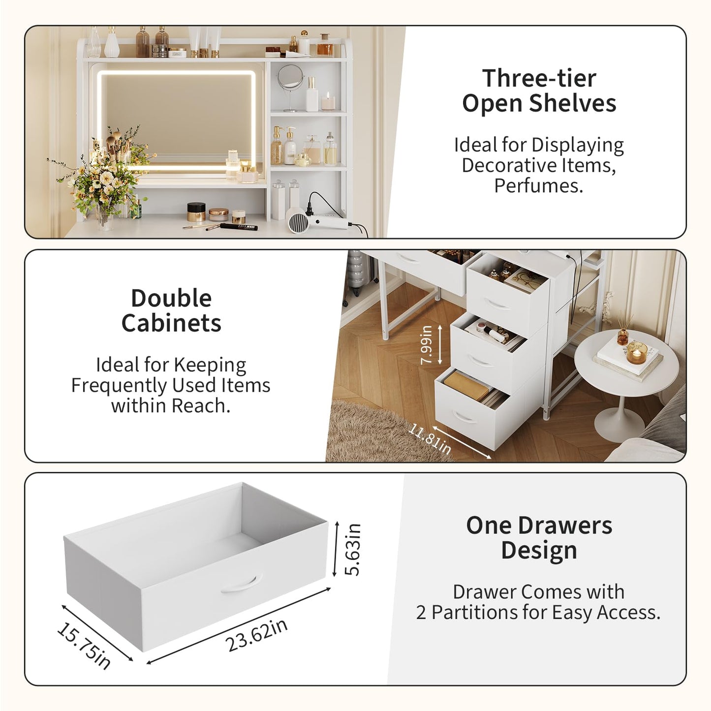 GarveeHome Vanity Desk with Mirror, 35.4” Makeup Vanity Table with Shelves, 4 Fabric Drawers Storage, Modern Dressing Table for Bedroom, Gift for Women
