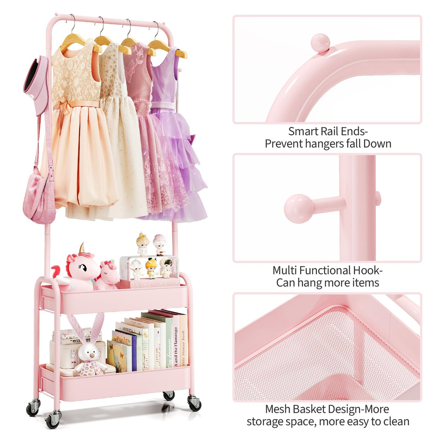 KINGRACK Kids Clothing Rack, Small Clothes Rack with Metal Basket, Wardrobe Rack with Wheels, Child Rolling Garment Rack Storage for Clothes, Coats, Skirts, Pink