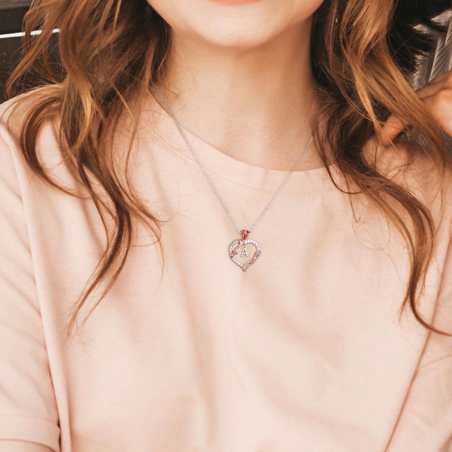 Iefil Sterling Silver Necklace for Women, Dainty Rose Love Heart Initial A Letter Pendant Necklace Jewelry Gifts for Mom Wife Girlfriend Birthday Anniversary