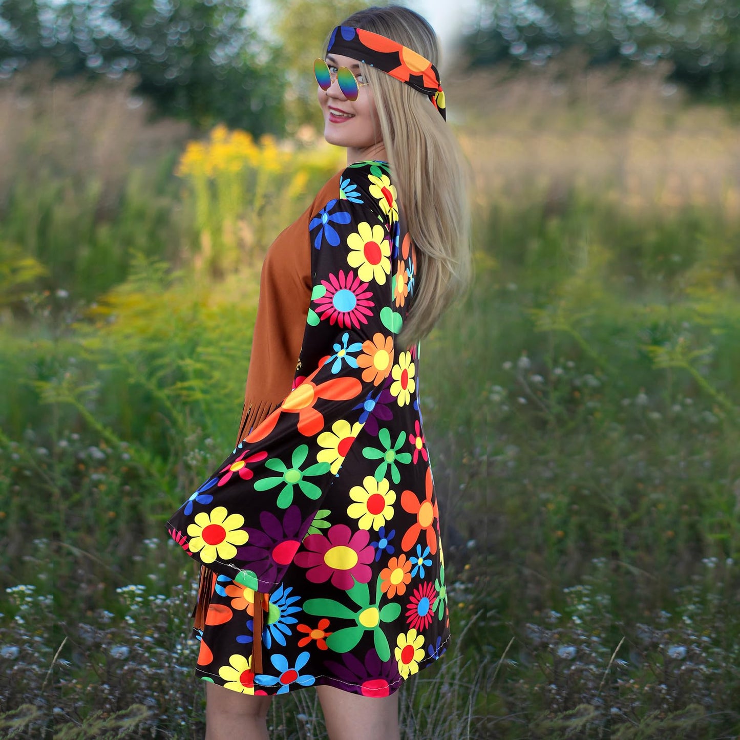 SATINIOR Hippie Costume Set Women 60s 70s Disco Outfits Halloween Party Dress Accessories for Adult(XL)