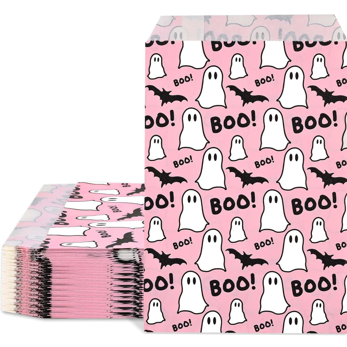 100pcs Halloween Treat Bags - Pink & Black Boo Ghost Paper Goodie Candy Bags for Trick or Treat Party Supplies