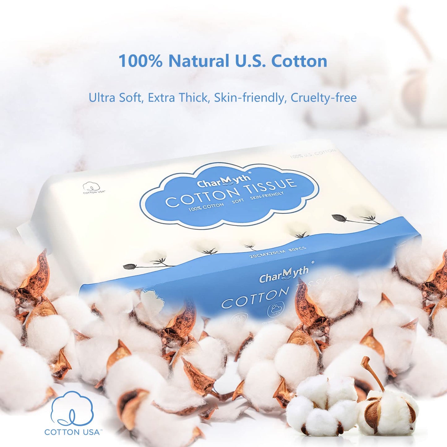 Charmyth Extra Thick Disposable Face Towel, Disposable Makeup Removing Wipes, 100% USA Cotton and 100% Organic & Cruelty Free, L