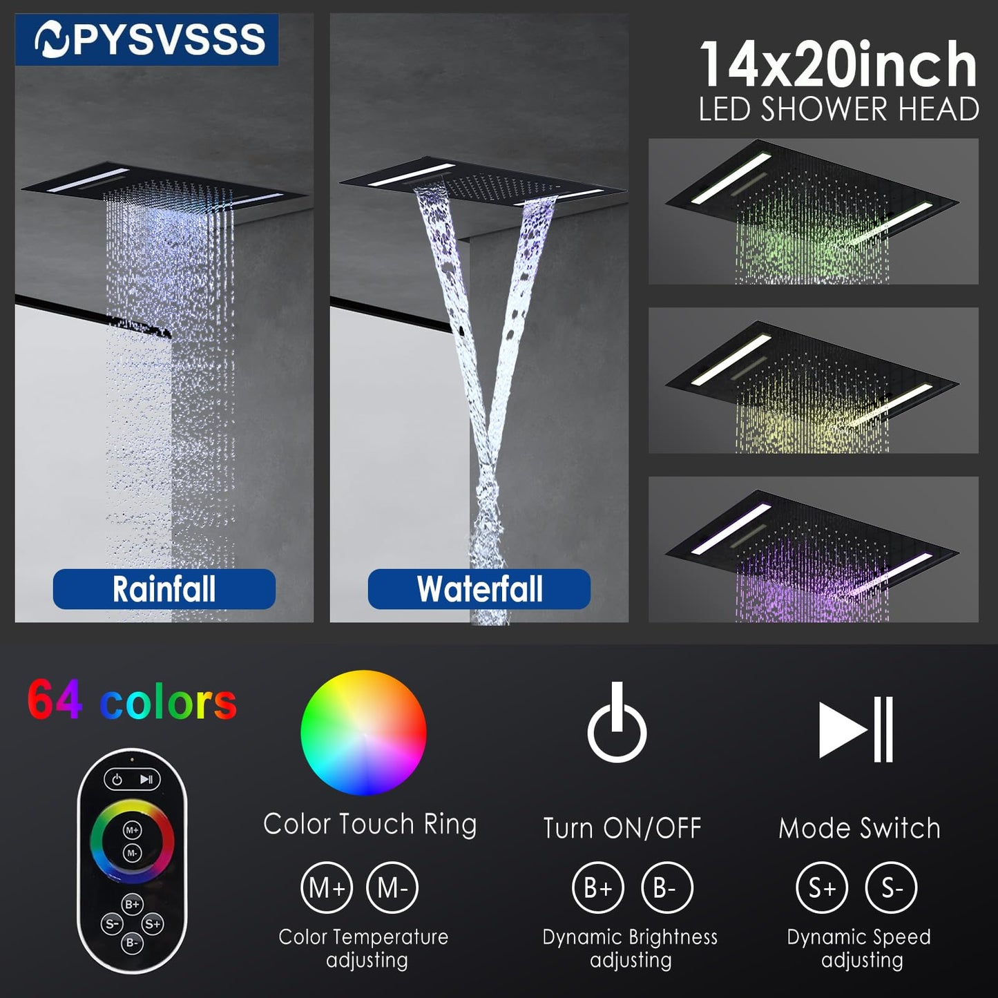 NPYSVSSS Dual Rain Shower Head Thermostatic Luxury Spa Shower System And Ceiling Mount 14x20 Inch LED 4 Functions with 6 Inch Wall Head Shower Faucet Set,Matte Black
