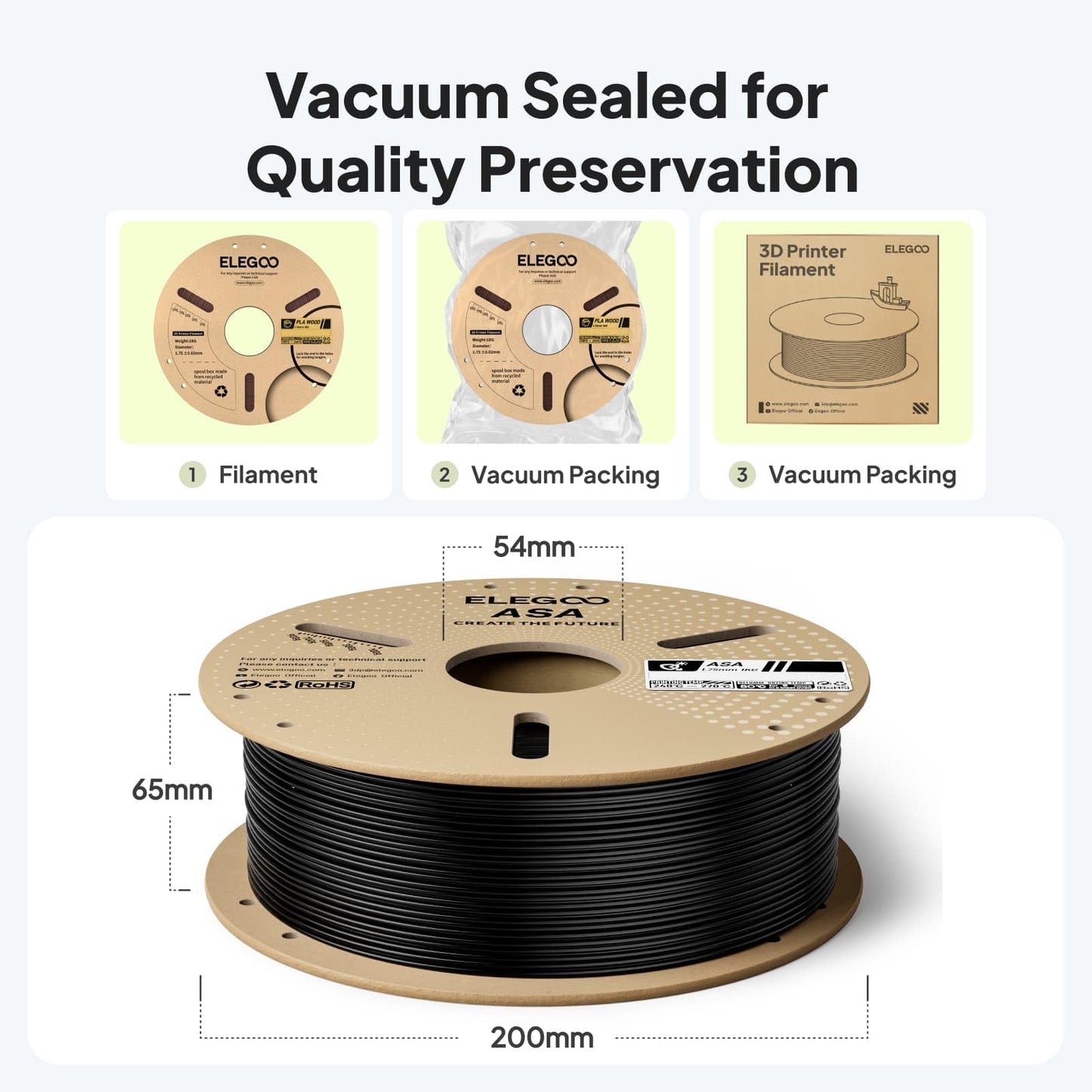 ELEGOO ASA Filament 1.75mm Black 1KG, UV & Weather Resistant 3D Printer Filament for Outdoor Functional Parts, High Impact Strength Engineering Grad 1kg Spool (2.2lbs) Fit for FDM Printers
