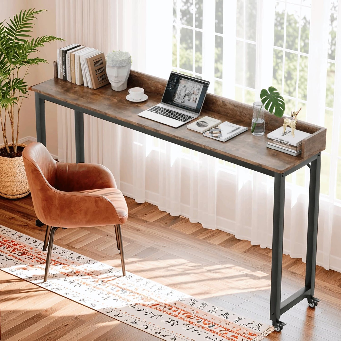 Clevich Overbed Table with Wheels, Queen Full Size Mobile Computer Desk, Standing Laptop Cart, Over Bed Table with Heavy Duty Metal Leg, for Bedroom 16" D x 71" W x 41" H (Brown)