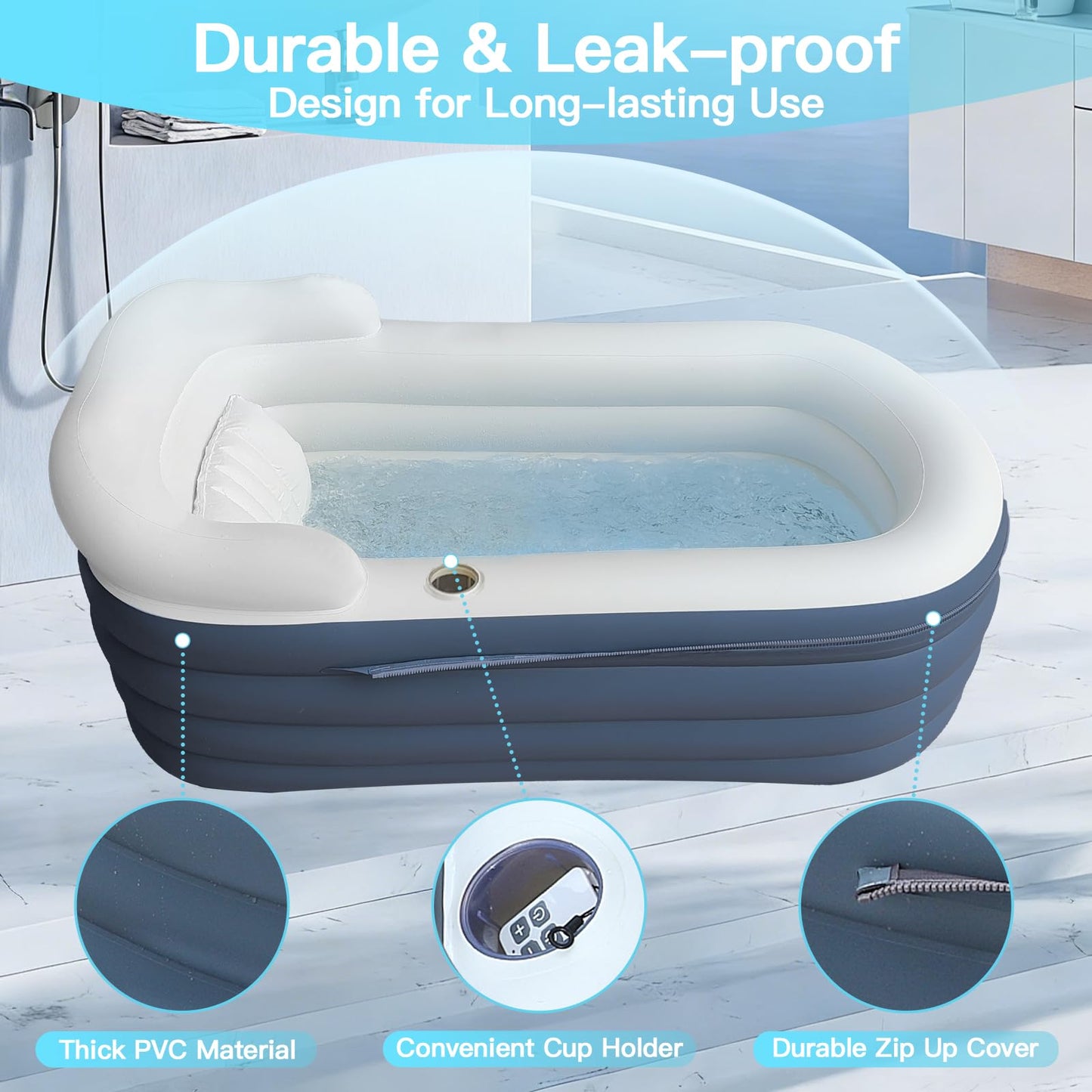 Adult Inflatable Bathtub with Air Bubble Mat, 66'' Portable Spa Water Therapy Soaking Tub with Romantic LED Lights, Pillow/Backrest/Armrests Supported (Air Pump Included)