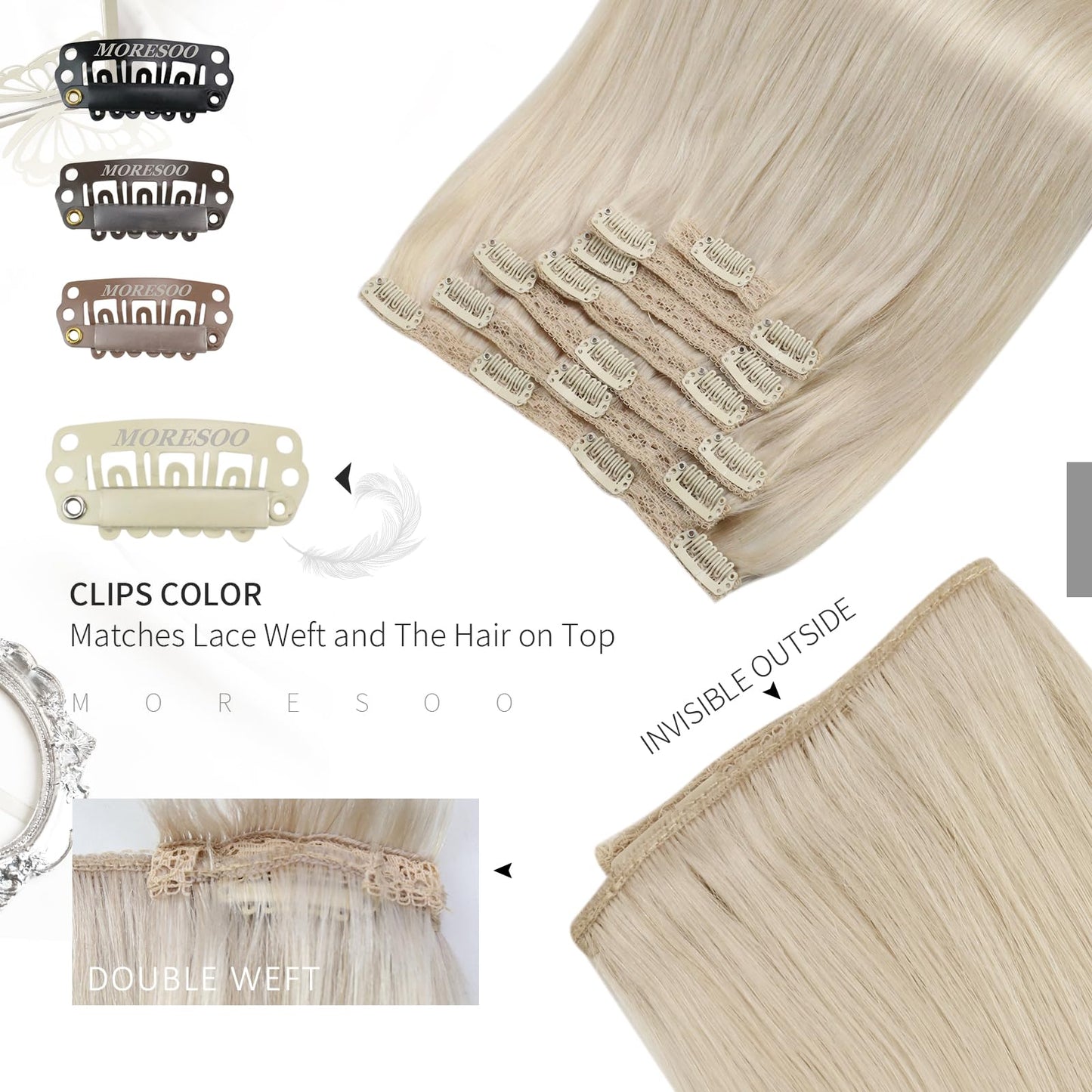 Moresoo Blonde Clip in Hair Extensions Remy Human Hair Platinum Blonde Human Hair Clip in Extensions #60 7Pcs/120G 20inch