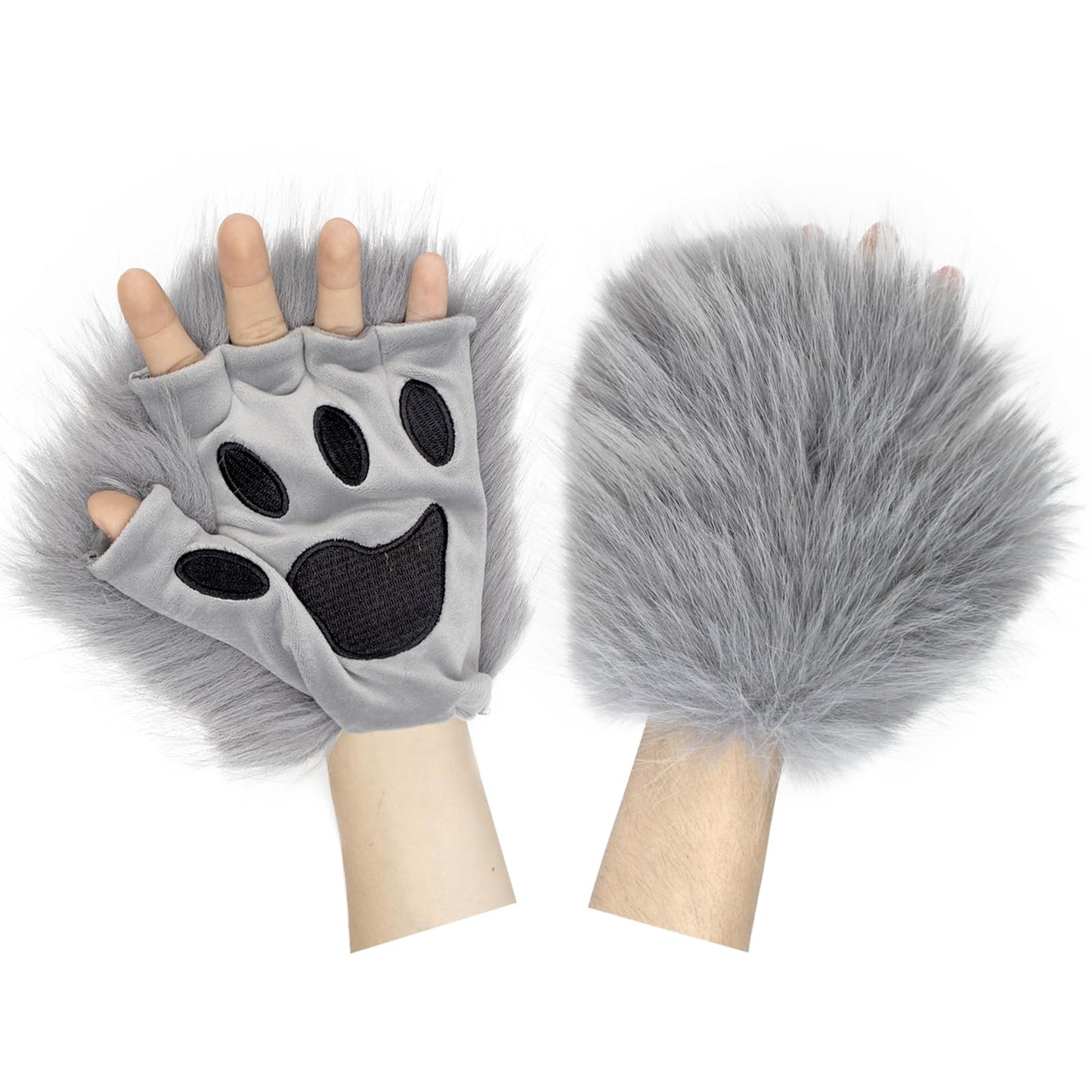 HAOAN Wolf Fox Tail Clip Ears and Gloves Set Halloween Christmas Fancy Party Costume Toys Gift for Women and Man Gray
