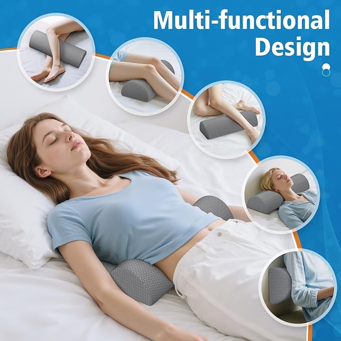 Large Knee Pillow for Side Sleepers, Half Moon Memory Foam Bolster Pillow for Legs,Ergonomic Design Wedge Elevation Pillow for Side & Back Sleeping,Under Knee Support,Foot,Ankle, Lumbar,Gray - 2 Pack