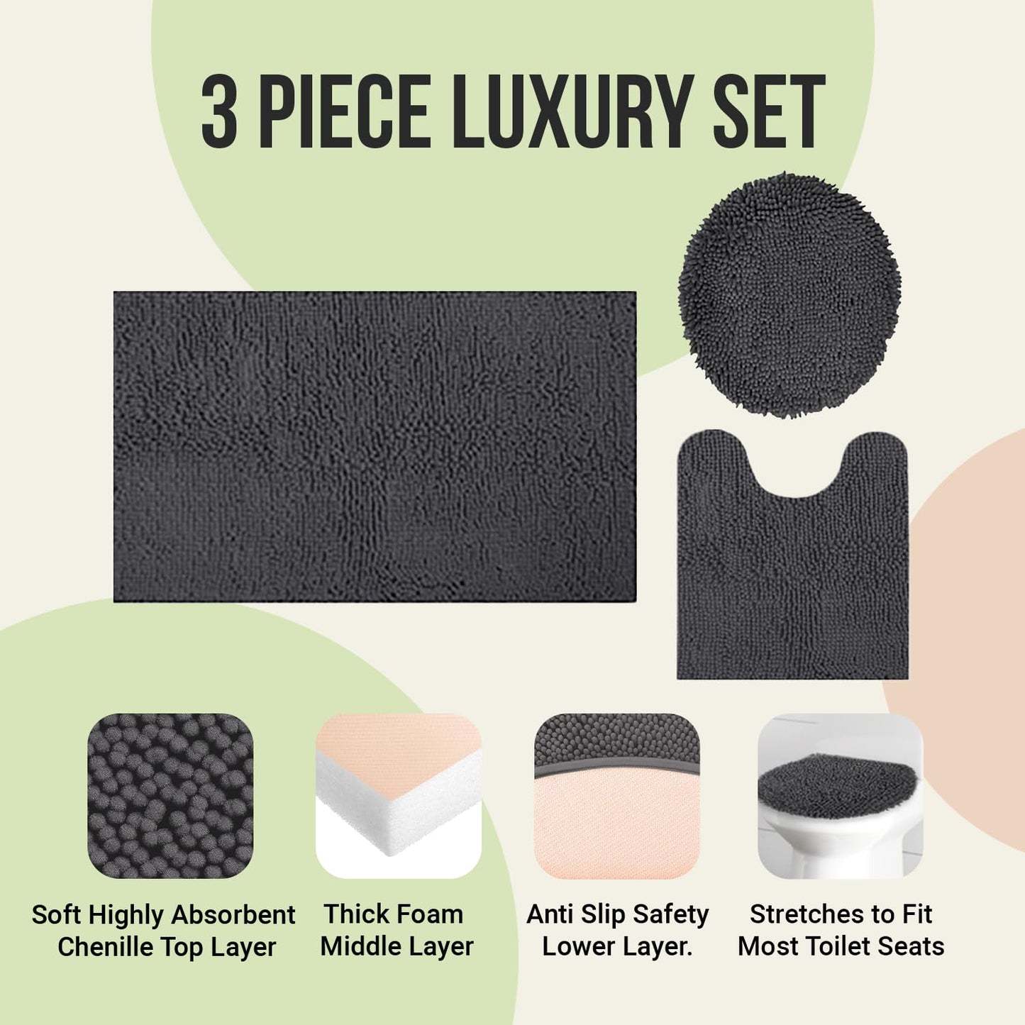 ITSOFT 3pc Non-Slip Shaggy Bathroom Mat Set, Includes 24 x 21 Inches U-Shaped Contour Toilet Rug, 34 x 21 Inches Bathmat and 1 Toilet Lid Cover, Sage Green