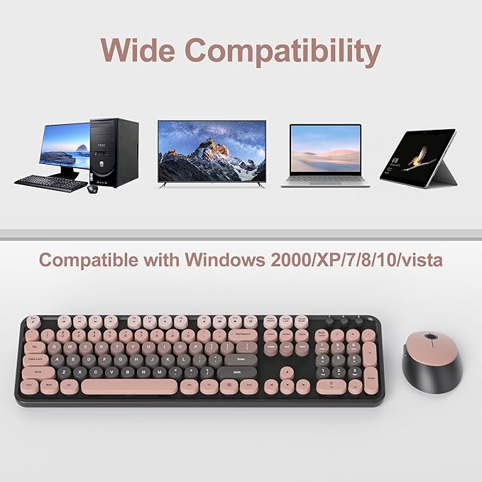Wireless Keyboard and Mouse Set, Retro Typewriter, 2.4GHz Full Size 104-Key Cute Keyboard with Number Pad, Colorful Keyboard with Round Keycaps for Windows PC Laptop(Raspberry)