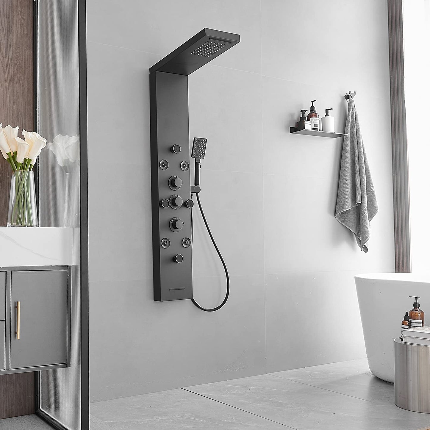 BWE Rainfall Shower Panel Waterfall with Handheld Shower Matte Black 6 IN 1 Stainless Steel Shower Tower Panel System Massage Body Jets with Tub Spout Water Wall Mount