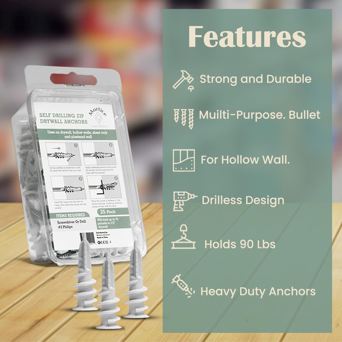 Reinforced Nylon 66 Drywall Anchors 90lb Limit, Self Drilling, Home Improvement Value Pack for Home Projects & Picture Hanging Kit, 25 Plastic Dry Wall Expansion Anchors and 25 Sheetrock Screws