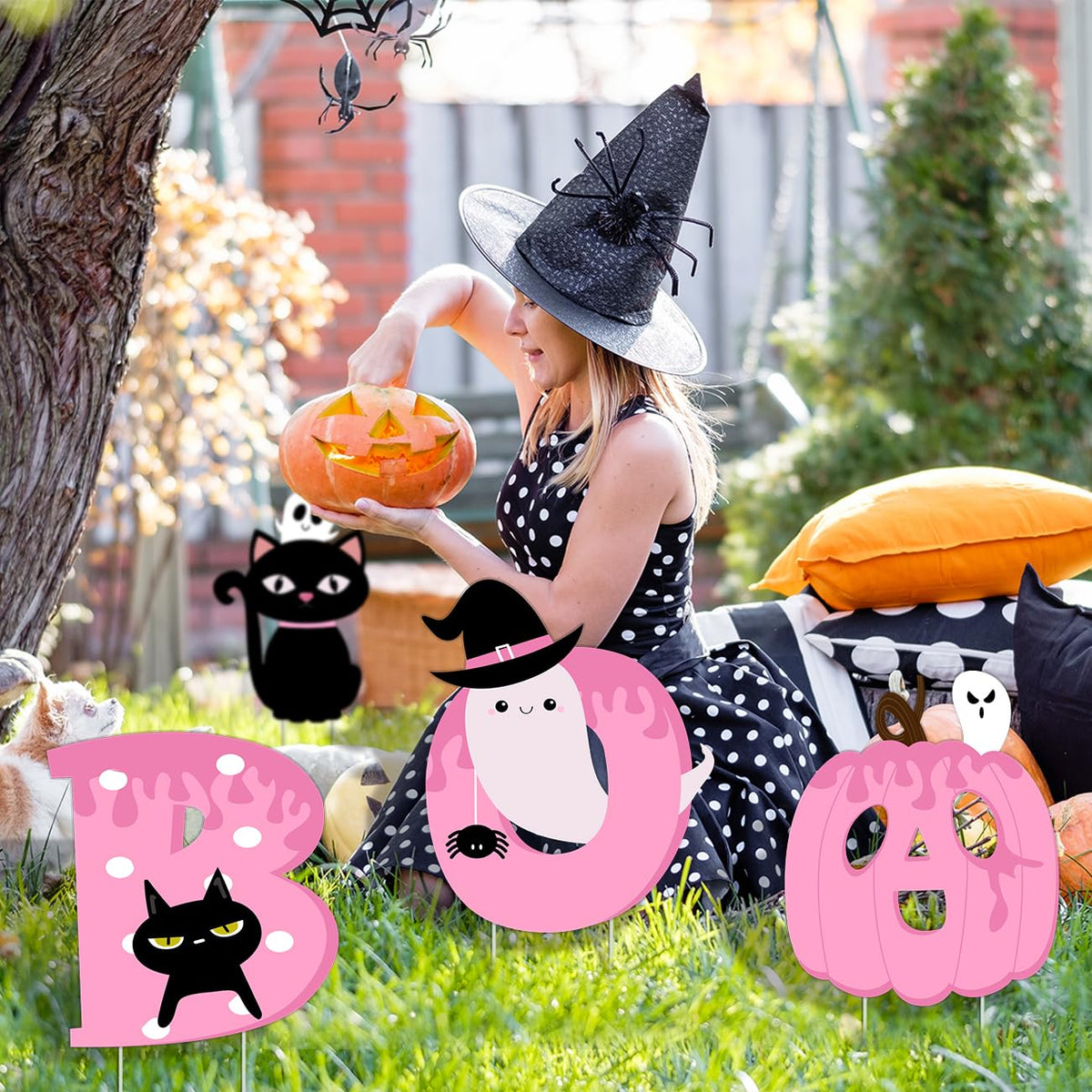Halloween Decorations Outdoor Pink BOO Yard Signs Happy BOO Day Halloween Yard Decor with Stakes Halloween Pink Pumpkin Lawn Decorations for Garden Home Decor 5PCS