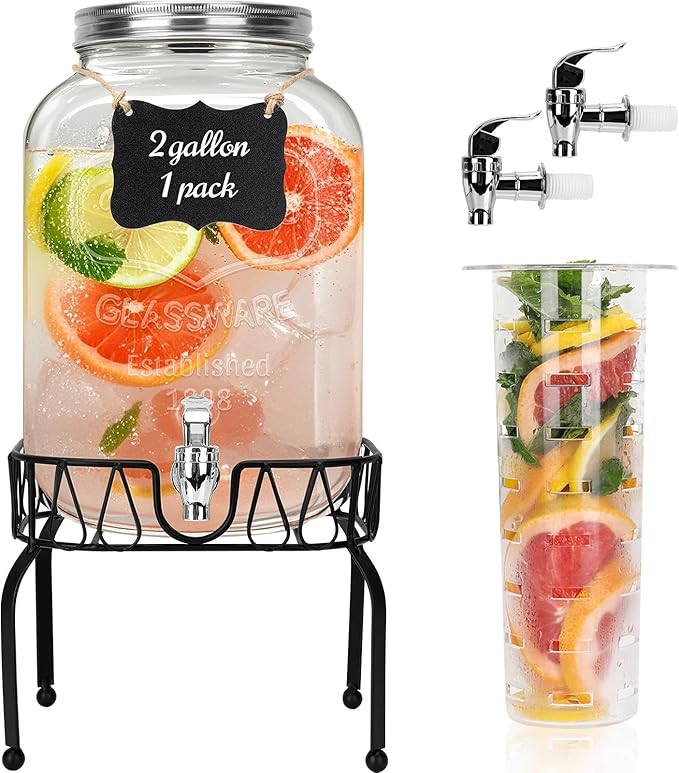 DHSBTLS 2 Gallon Glass Drink Dispensers, 1 Pack Clear Beverage Dispenser for Party, BBQ and Picnic, Juice Dispenser with I...