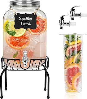 DHSBTLS 2 Gallon Glass Drink Dispensers, 1 Pack Clear Beverage Dispenser for Party, BBQ and Picnic, Juice Dispenser with I...