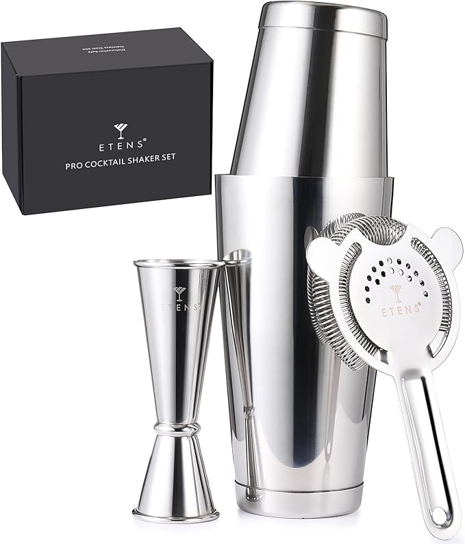 Etens Professional Cocktail Shaker - Weighted Boston Shaker Set with Hawthorne Strainer & Japanese Jigger for Drinks - Sta...
