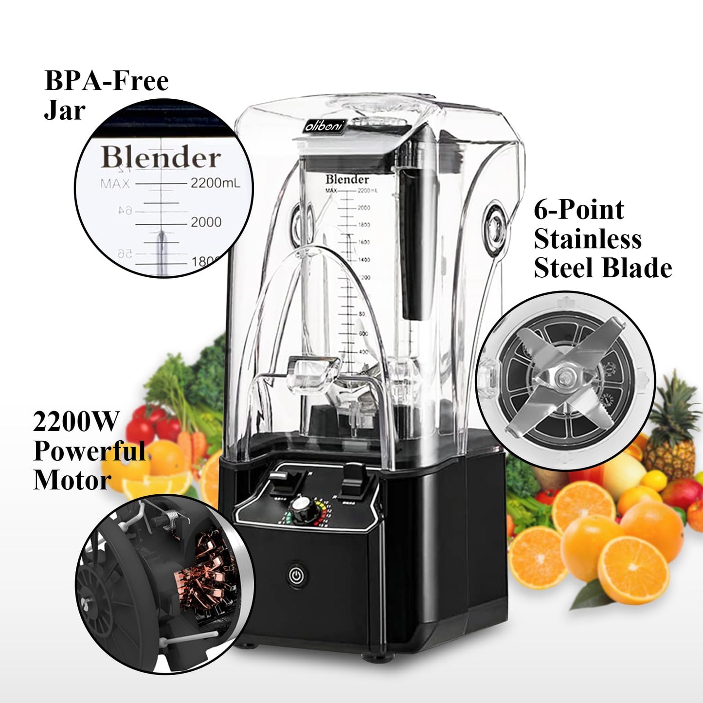 Commercial Blender for Smoothies 2200W with Soundproof Cover,2200 ML,15 Speeds,6-leaves Stainless Steel Blade,Heavy Duty Blender for Restaurant,Ice Crush,Shakes (Black)