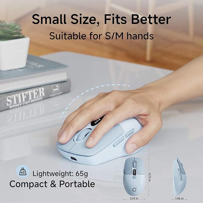 EWEADN Q1 Wireless Mouse, BT & 2.4G Silent Mouse Quiet Click with 1600 DPI Levels, Battery & DPI LED Screen Display, 6 Button Small Portable Bluetooth Mouse for Laptop/PC/Mac-Blue