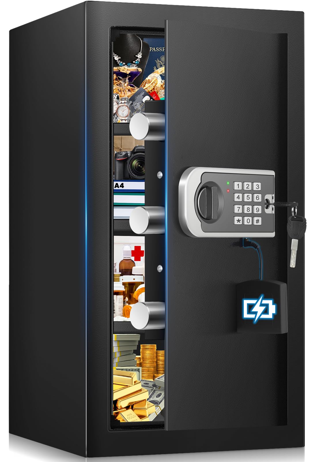 [23.6" Tall]Large Safe Box, 𝟒.𝟔 𝐂𝐮𝐟𝐭 Home Safes with Fireproof Waterproof Bag, Security Safes for Home with Programmable Keypad Key, Smart Alert, Mute Mode, Anti-theft Digital Safe for Valuables