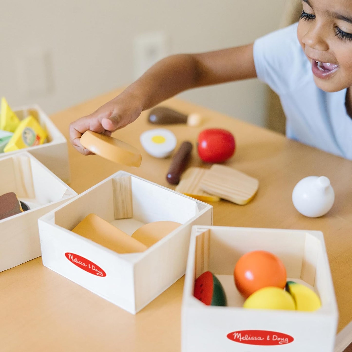 Melissa & Doug Food Groups - 21 Wooden Pieces and 4 Crates, Multi Play Food Sets For Kids Kitchen, Pretend Toy For Toddlers And Kids Ages 3+