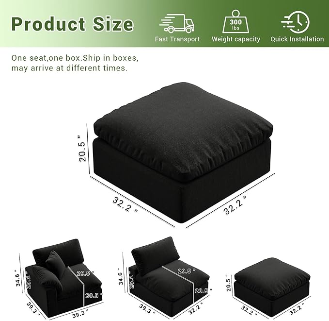 Intuition Decor Oversize Cloud Modular Sectional Sofa,Chaise Down Filled Comfort Sofa Detachable Couch Cushion Covers for Living Room Apartment,Black