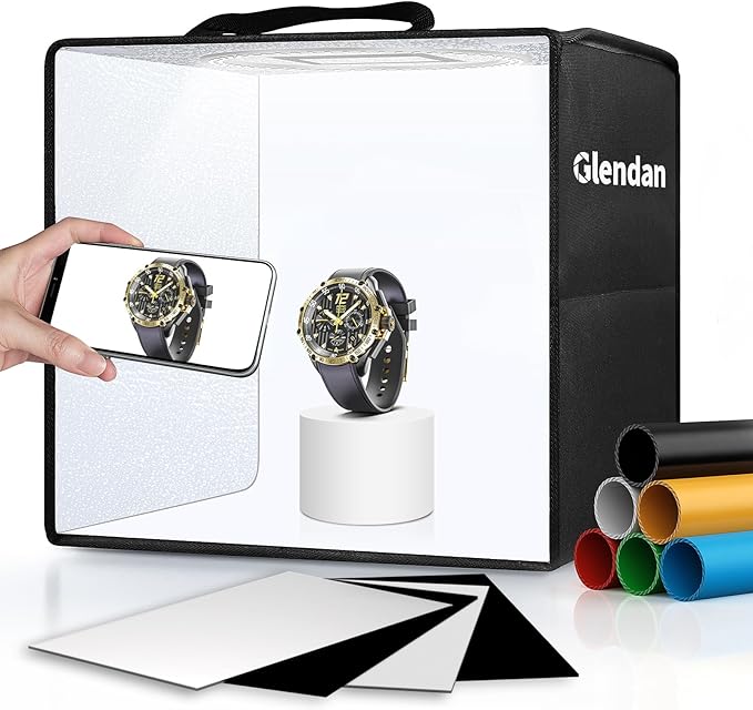Glendan Light Box Photography, 10"x10" Photo Box with 88 High Color Rendering Index LED Lights, 6 Color PVC Backdrops, 4 R...