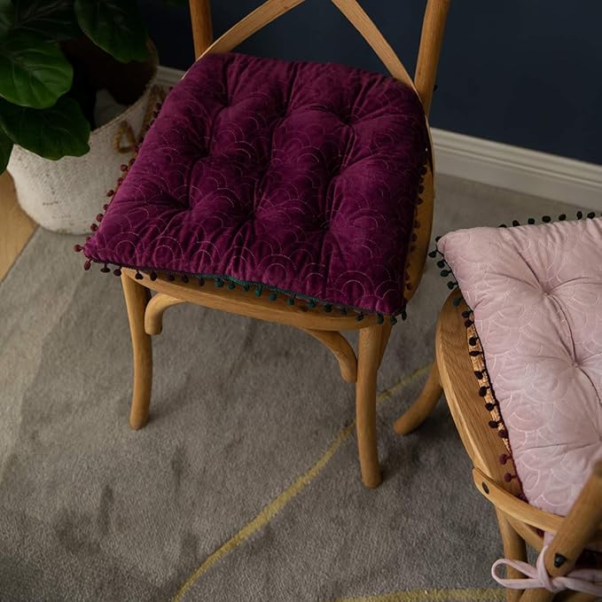 vctops Velvet Soft Square Chair Pad with Ties Cute Gradient Pom Pom Indoor Dining Chairs Cushion (Purple, 16" x 16")